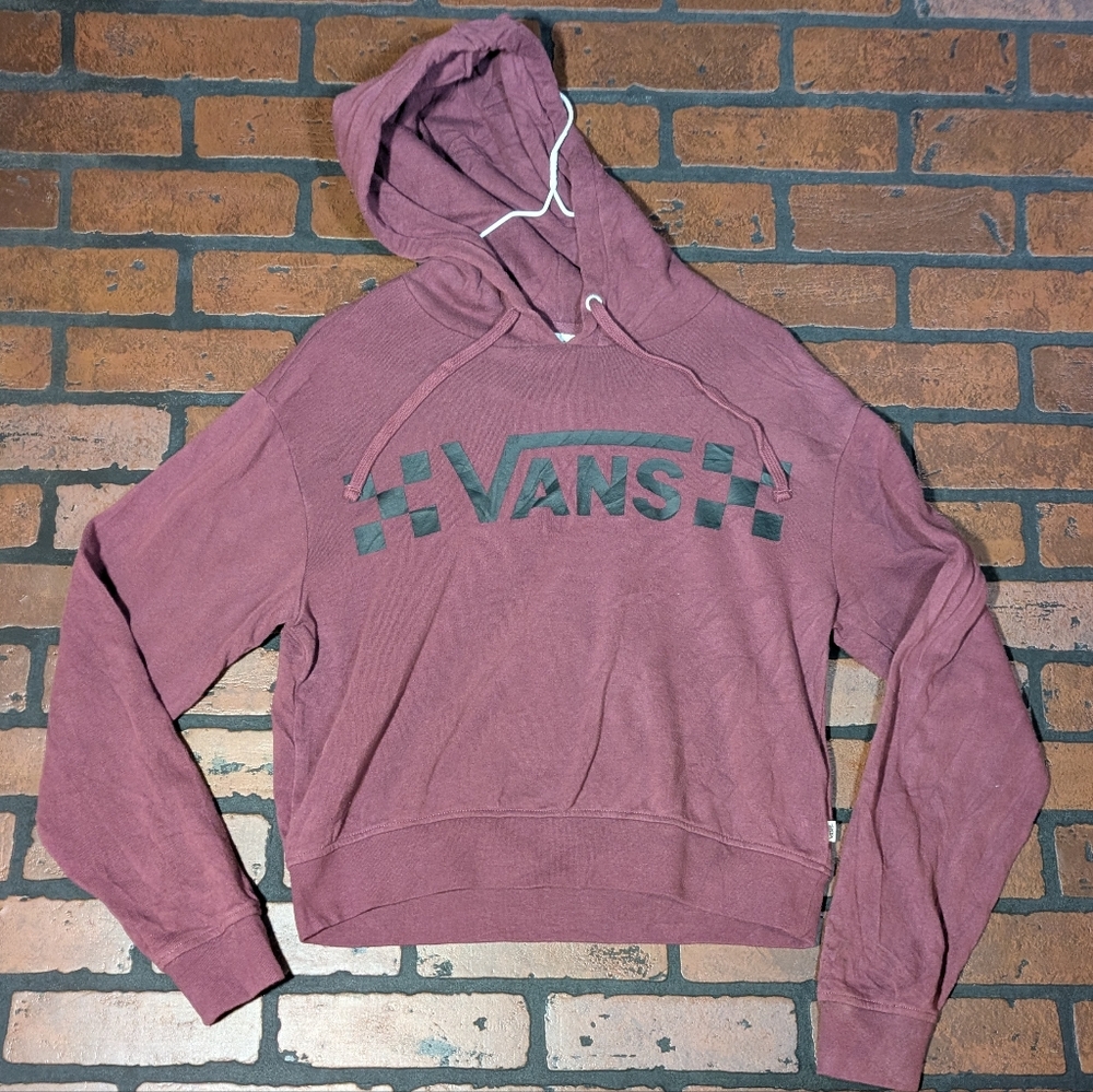 Vans Womens XS Burgundy Cropped Hoodie Checkerboard Logo Pullover Sweatshirt